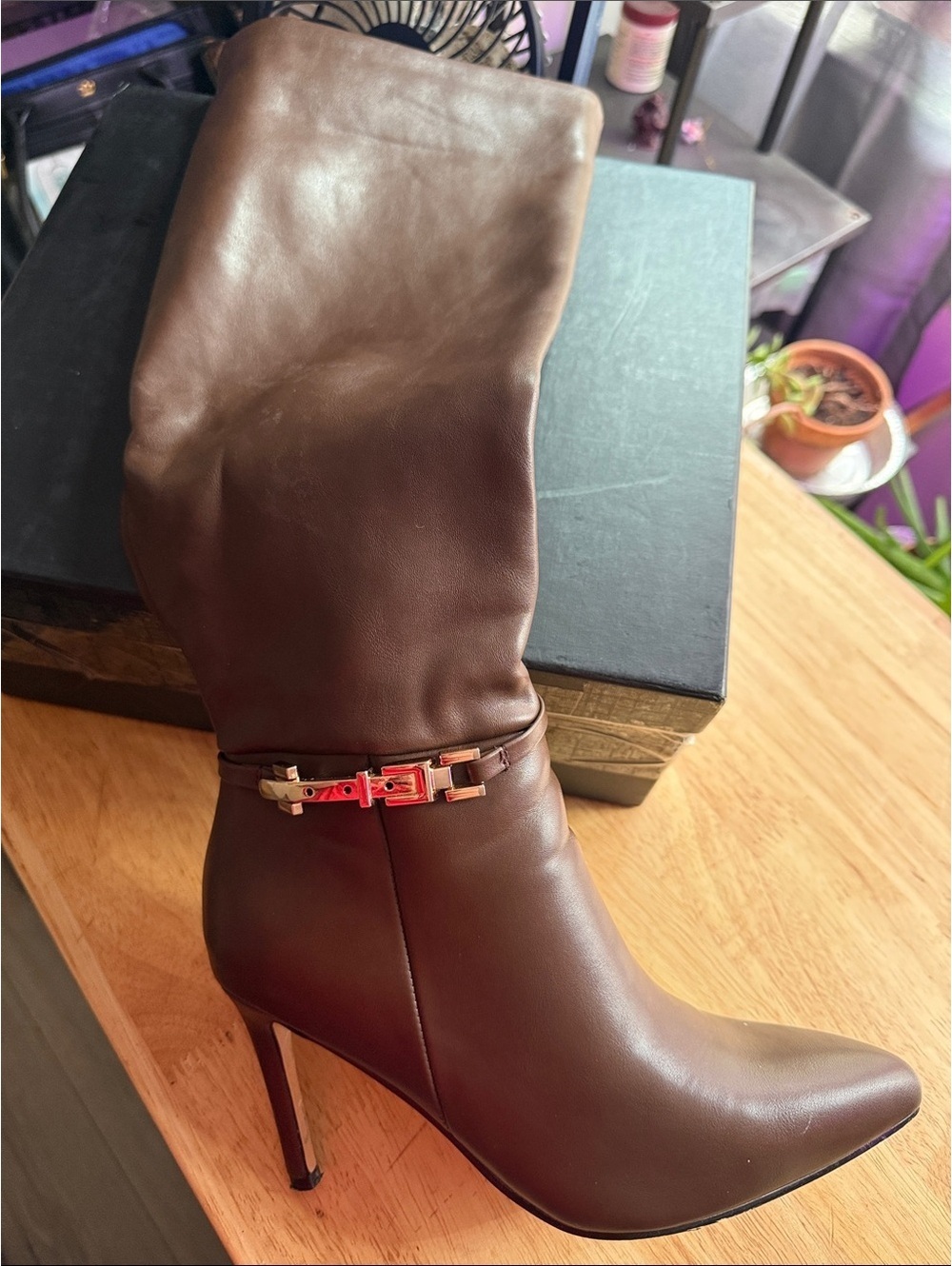Women’s Brown Faux Leather High-Heel Knee Boot with Gold Buckle Accent